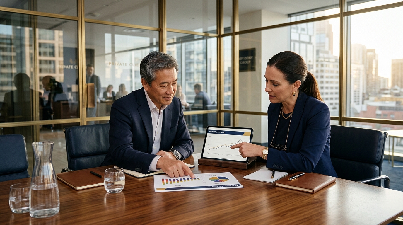A financial adviser reviewing a plan with a client across a boardroom table