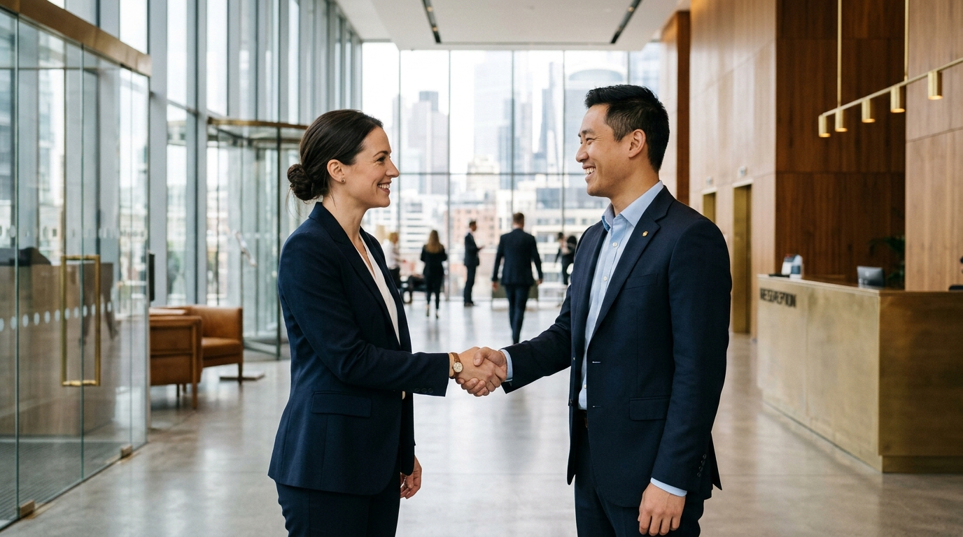 Adviser shaking hands with a new business-owner client in a bright lobby