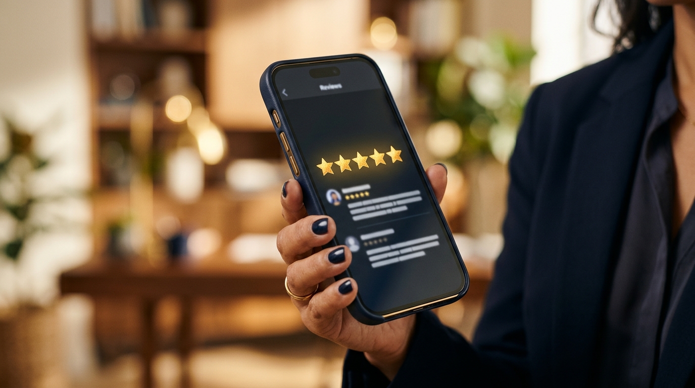 Phone showing five gold stars for a business review